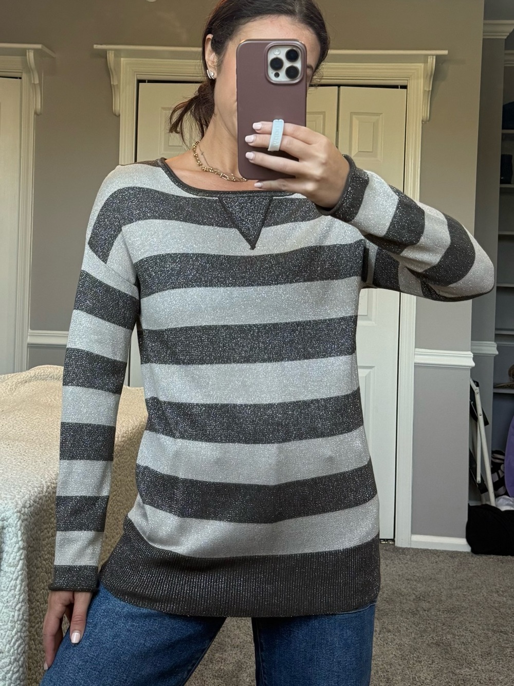 Pixie Grey Sparkle Stripped Sweater